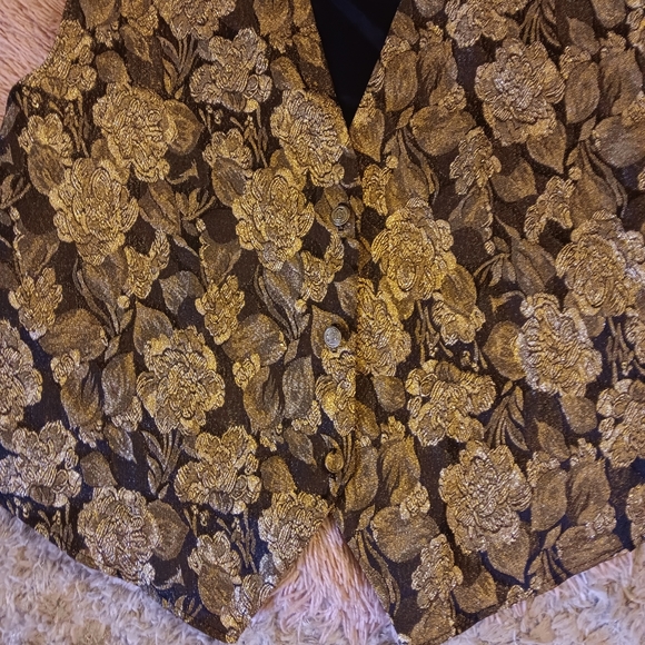 Vintage 90s Plus Size Erica Simone Gold And Black Floral Brocade Vest 2X - Picture 2 of 5